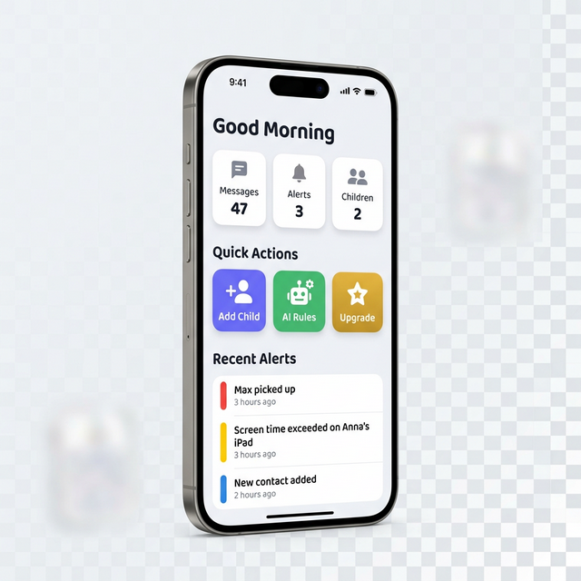 Parent app dashboard showing safety alerts and child monitoring