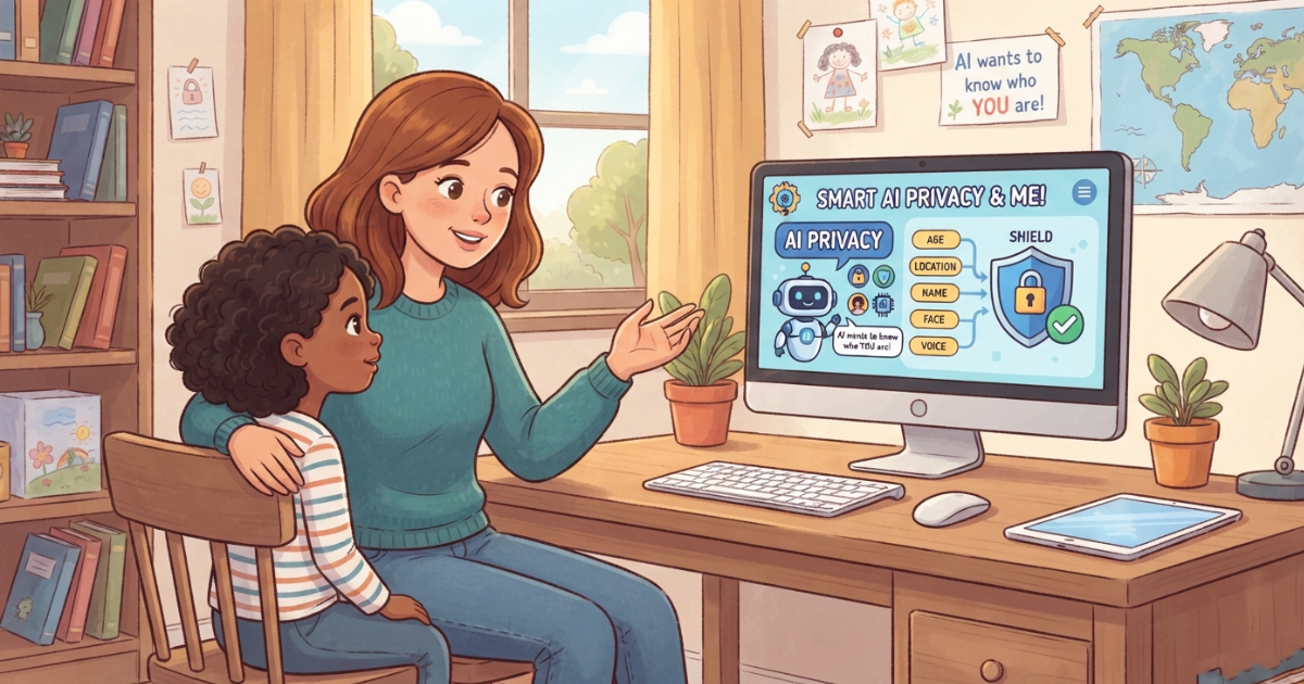 Parent teaching a child about AI privacy and protecting personal information