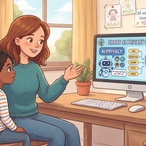 Parent teaching a child about AI privacy and protecting personal information